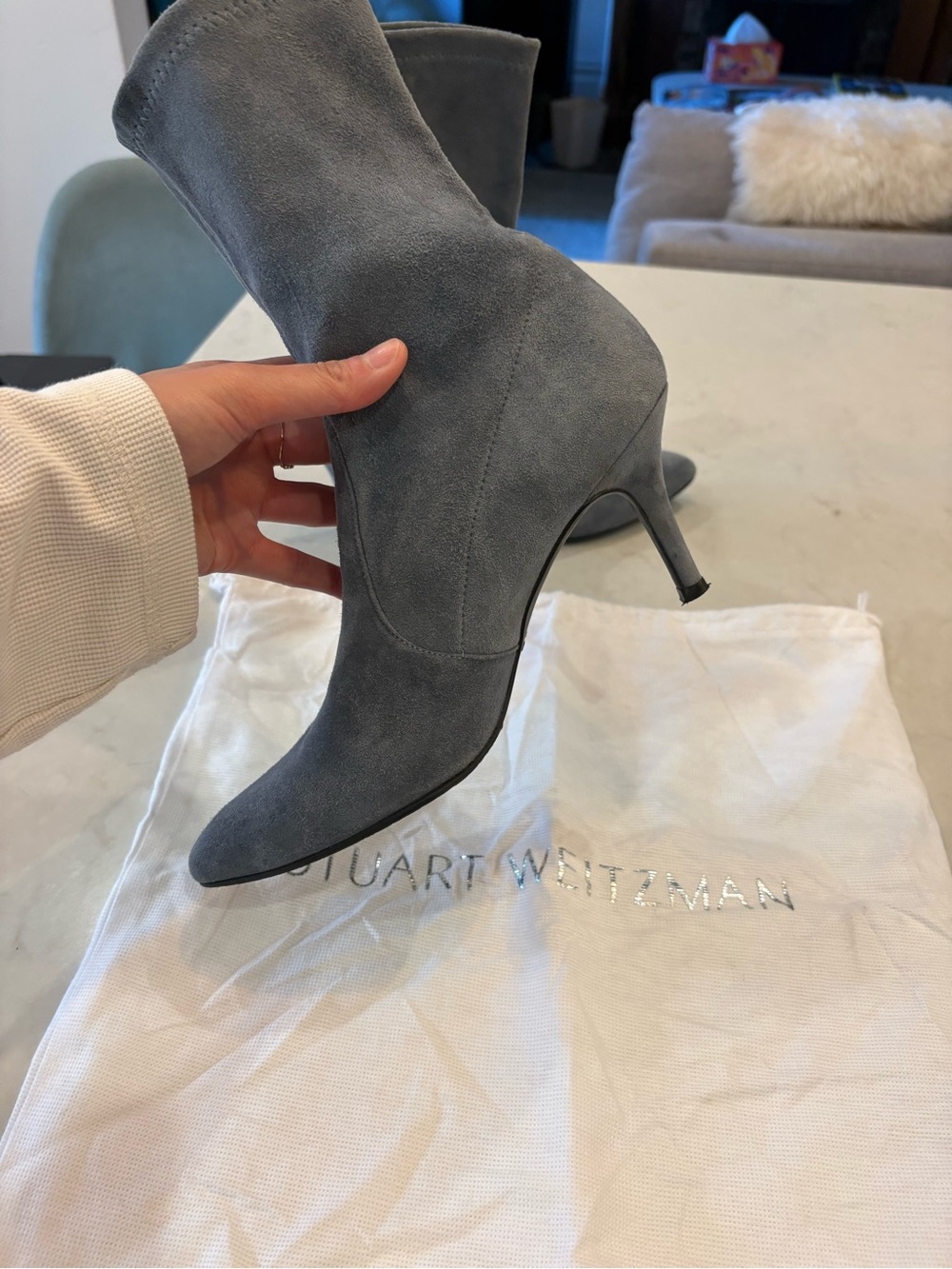 Stuart Weitzman storm blue Suede 4 inch heel Pointed-Toe Ankle sock Bootie 7 - Picture 3 of 16